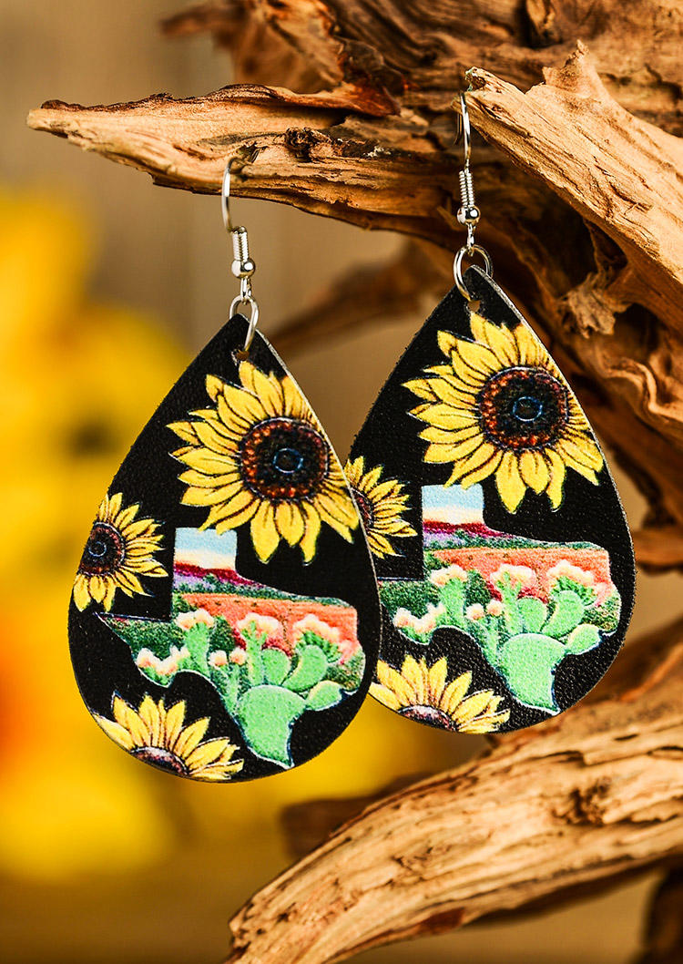 

Earrings Sunflower Cactus Geometric Water Drop Earrings in Black. Size