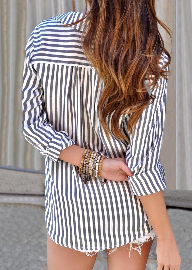 Shirts Striped Lace Up Turn-Down Collar Long Sleeve Shirt in Stripe. Size: S,L,XL