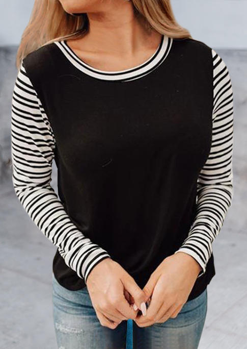 Striped Splicing O-Neck Long Sleeve Blouse - Black