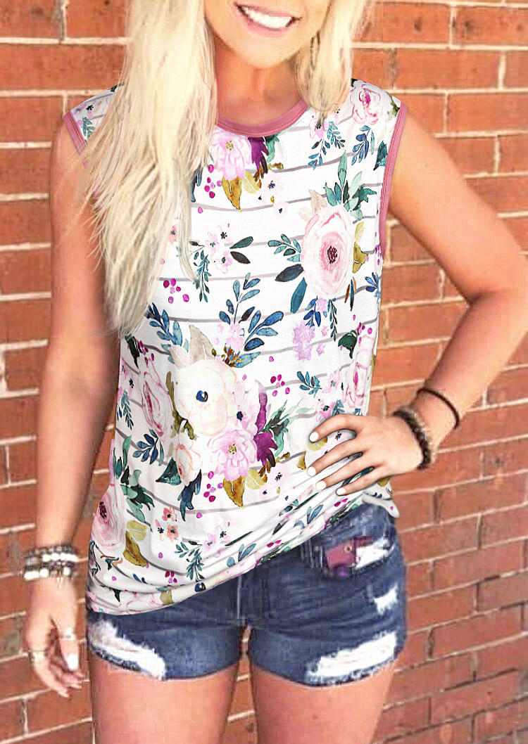 

Tank Tops Floral Striped O-Neck Casual Tank Top in White. Size: ,M,L,XL