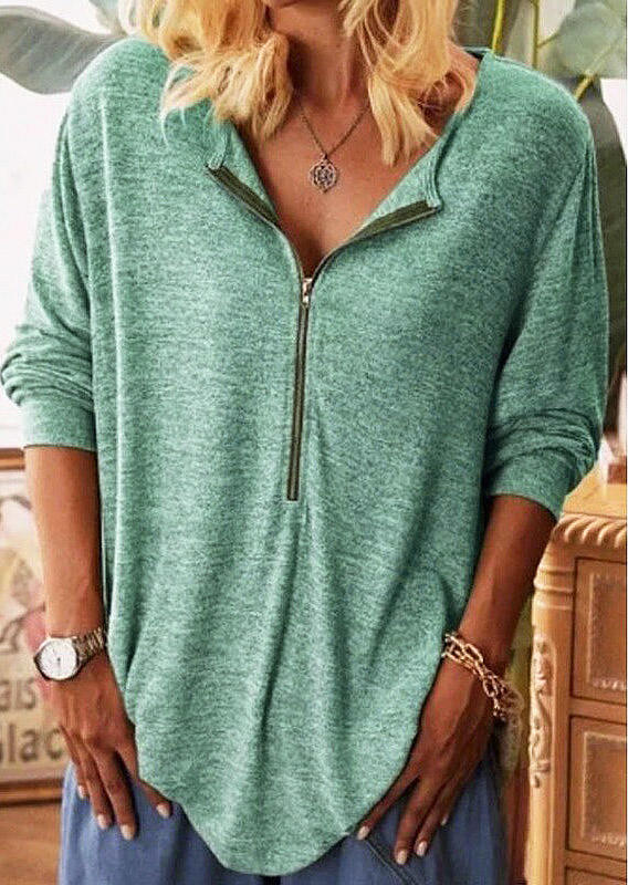 

Blouses Zipper Collar Three Quarter Sleeve Blouse in Green. Size: ,M,XL