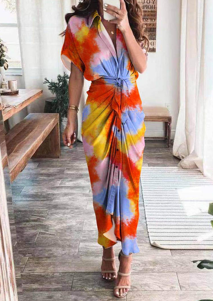 

Maxi Dresses Tie Dye Button Ruffled Turn-Down Collar Maxi Dress in Multicolor. Size: ,XL