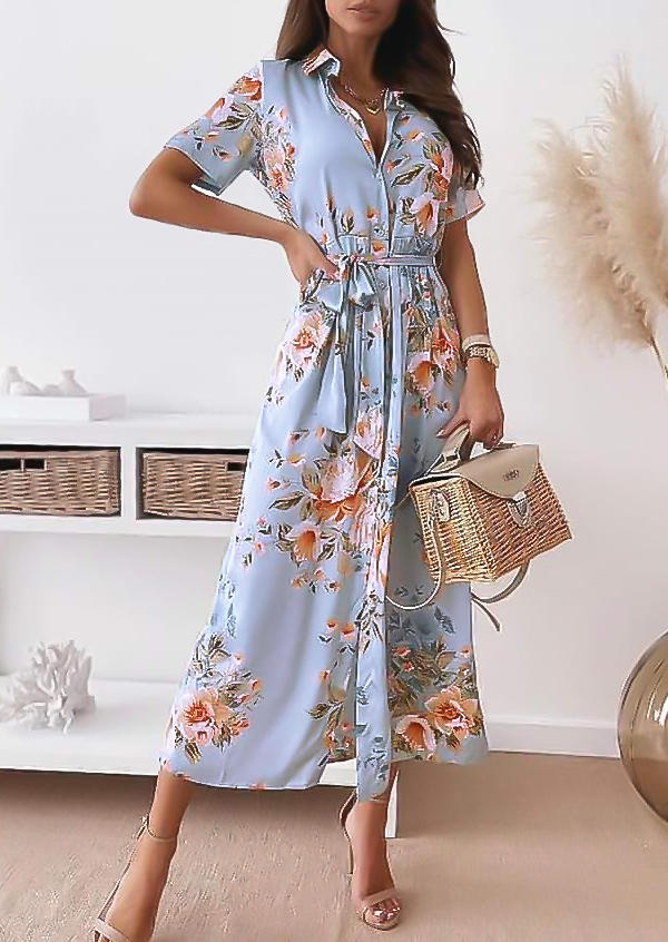 

Maxi Dresses Floral Button Turn-Down Collar Maxi Dress in Light Blue. Size: ,M,L,XL