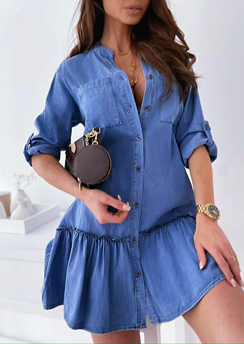 

Mini Dresses Pocket Button Ruffled Mini Dress - Blue in Blue. Size