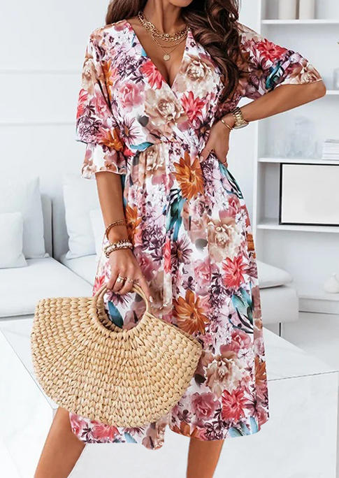 

Midi Dresses Floral Wrap Elastic Cuff V-Neck Midi Dress in Multicolor. Size