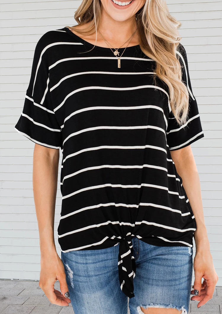 

Blouses Criss-Cross Tie Striped Drop Shoulder Blouse in Black. Size