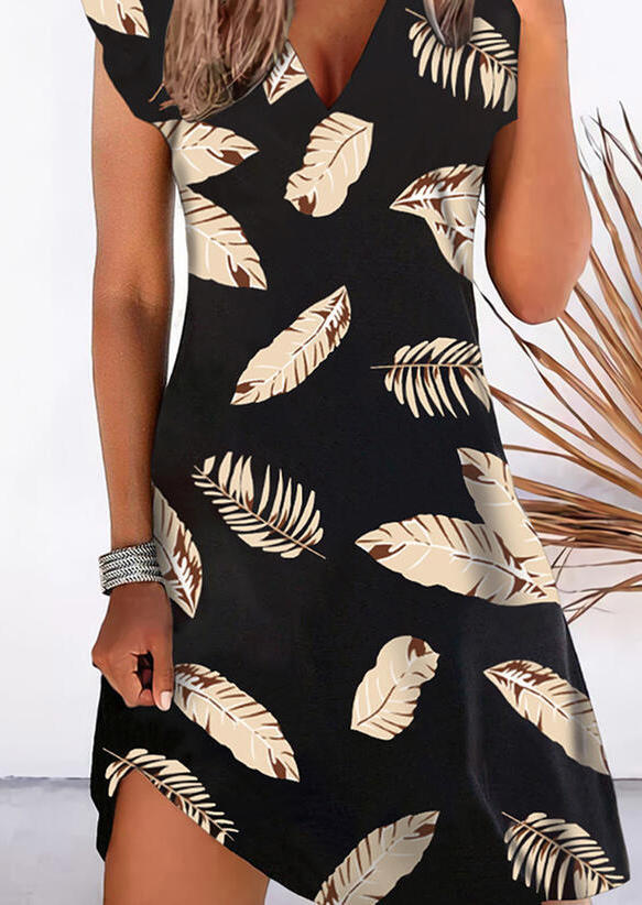 

Mini Dresses Palm Leaf Cap Sleeve V-Neck Mini Dress in Black. Size