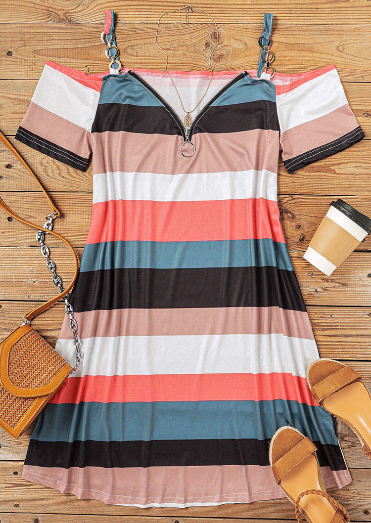 

Mini Dresses Colorful Striped Zipper Collar Cold Shoulder Mini Dress in Stripe. Size