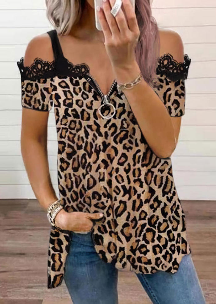 

Blouses Lace Leopard Zipper Collar Cold Shoulder Blouse in Leopard. Size: ,M,L,XL