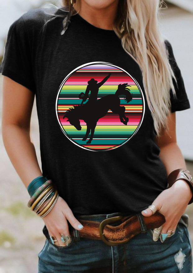 

T-shirts Tees Serape Striped Cowboy O-Neck T-Shirt Tee in Black. Size