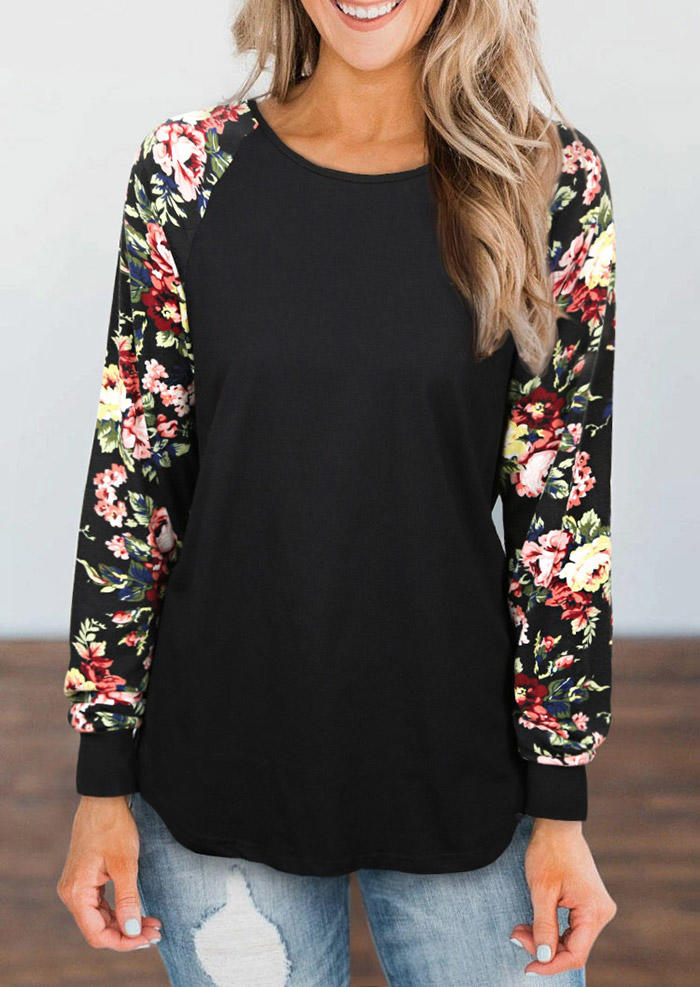 

Blouses Floral Raglan Sleeve O-Neck Loose Blouse in Black. Size: ,M,L,XL