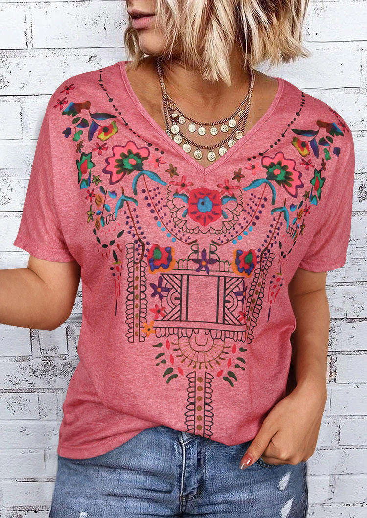 

T-shirts Tees Floral Short Sleeve V-Neck T-Shirt Tee in Peach Red. Size: ,M,L,XL
