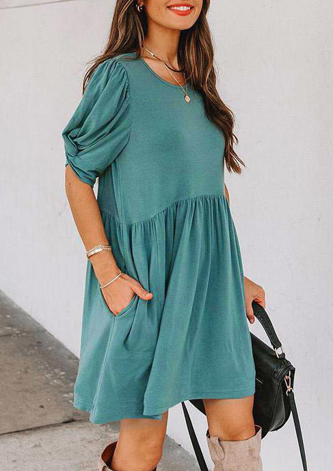 

Mini Dresses Ruffled Pocket Twist Short Sleeve Mini Dress in Lake Blue. Size: ,M,L,XL