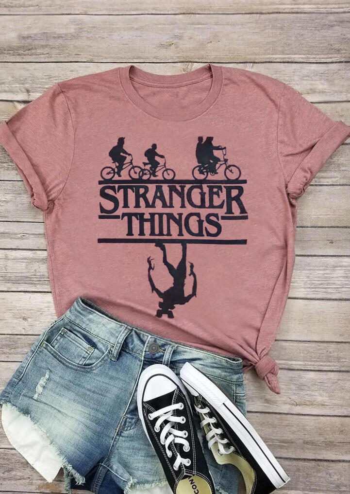 Stranger Things Graphic O-Neck T-Shirt Tee - Cameo Brown