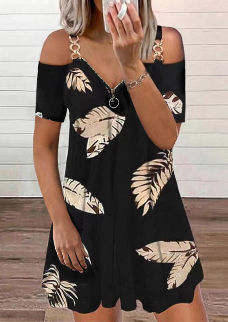 Mini Dresses Palm Leaf Zipper Cold Shoulder Mini Dress in Black. Size: L