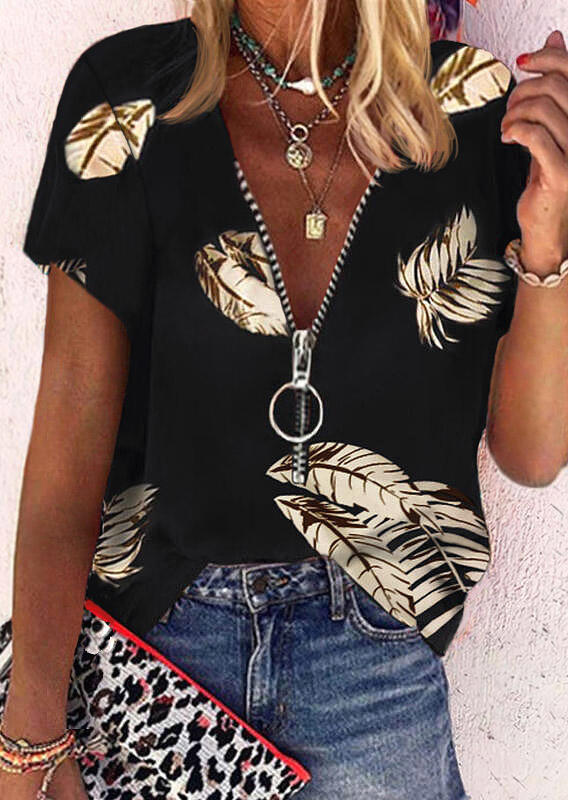 

Blouses Palm Leaf Zipper Collar Casual Blouse in Black. Size