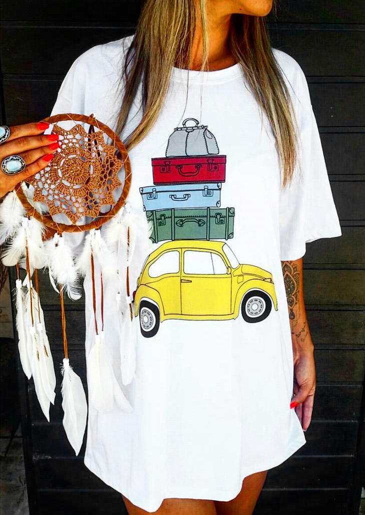 Car Suitcase Drop Shoulder O-Neck Mini Dress - White