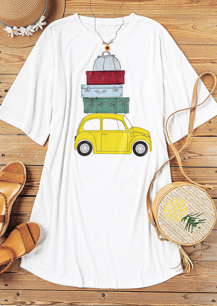 Mini Dresses Car Suitcase Drop Shoulder O-Neck Mini Dress in White. Size: L,M,S
