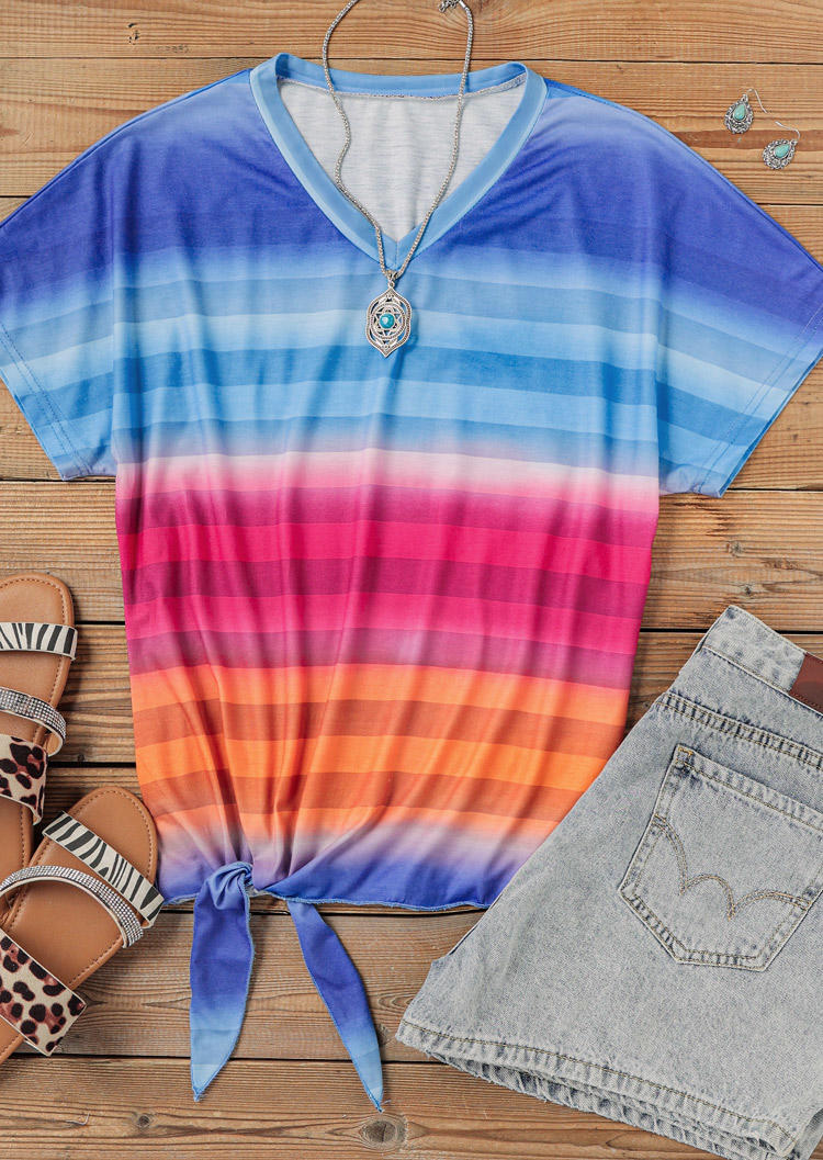 

Blouses Colorful Gradient Striped Tie V-Neck Blouse in Multicolor. Size