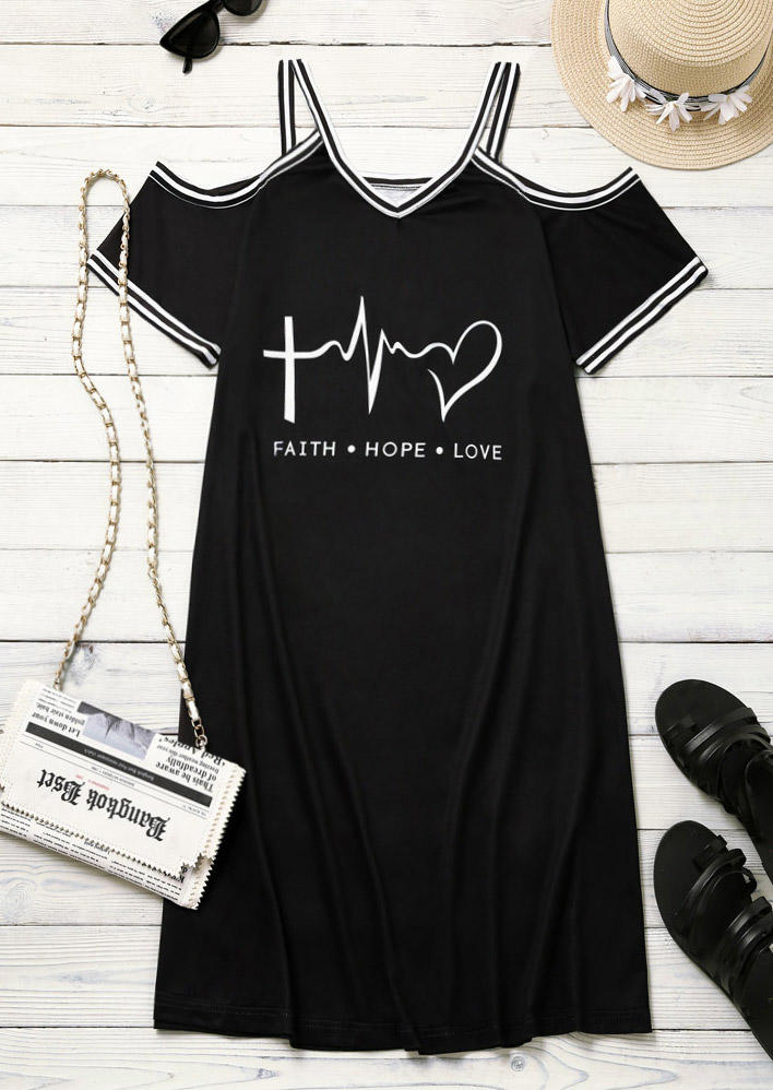Mini Dresses Faith Hope Love Cold Shoulder Mini Dress in Black. Size: S,M,L