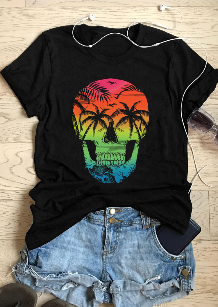 

T-shirts Tees Palm Tree Skull O-Neck T-Shirt Tee in Black. Size