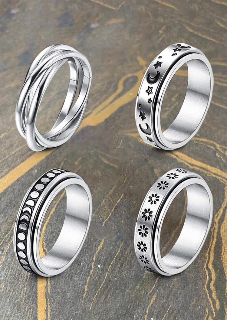 Rings 4Pcs Moon Star Stress Relieving Rotatable Ring Set in Silver. Size: 7#
