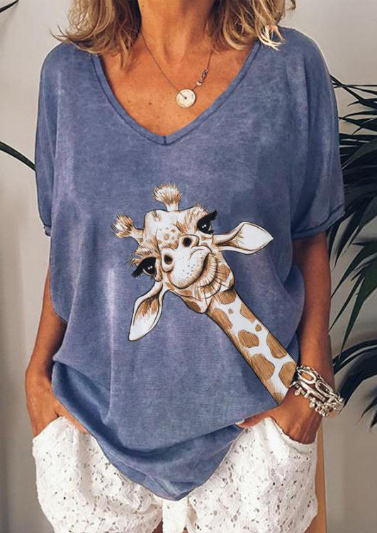 

T-shirts Tees Giraffe V-Neck Loose T-Shirt Tee in Blue. Size: ,M,L,XL