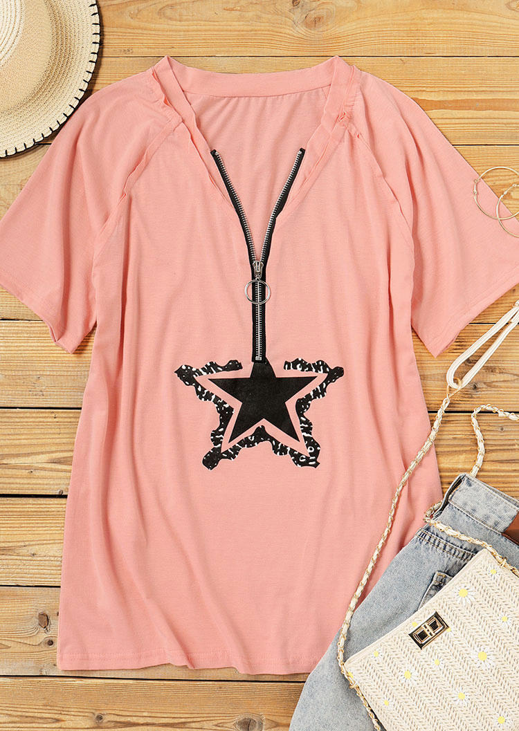 

Blouses Star Zipper Collar Casual Blouse in Pink. Size
