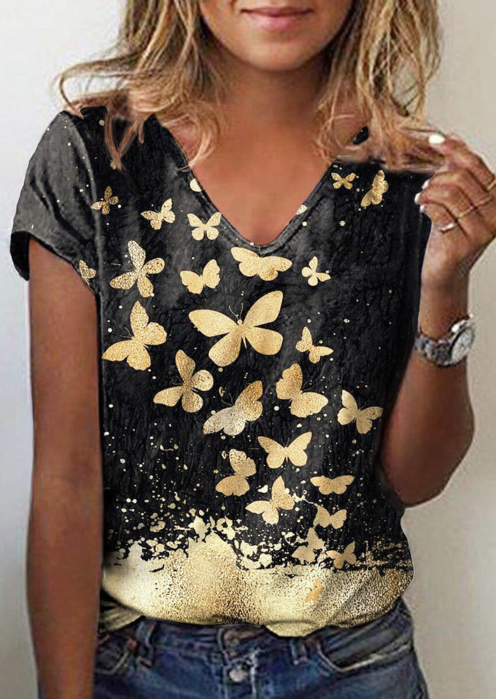

Blouses Butterfly Short Sleeve Casual Blouse in Black. Size