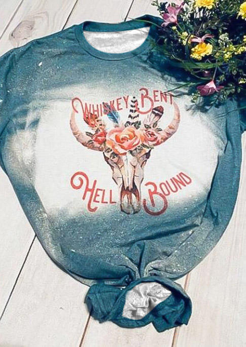 

T-shirts Tees Steer Skull Floral Bleached T-Shirt Tee in Cyan. Size