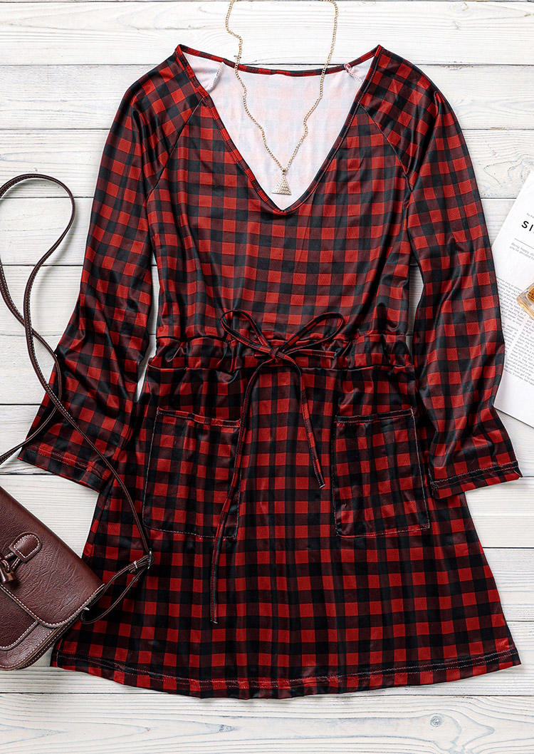 

Mini Dresses Buffalo Plaid Pocket Drawstring Long Sleeve Mini Dress in Plaid. Size