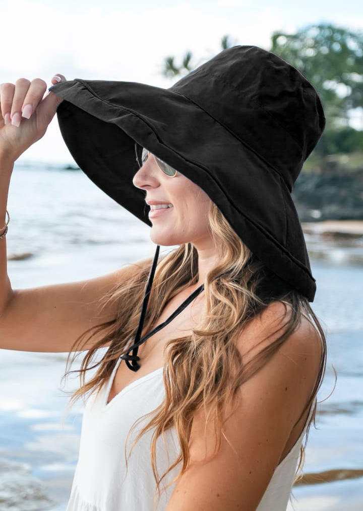 

Hats Summer Sun Protection Drawstring Hat in Black,Khaki. Size