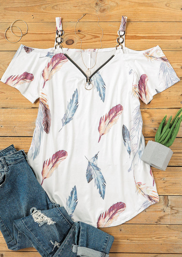

Blouses Feather Zipper Collar Chain Strap Blouse in White. Size