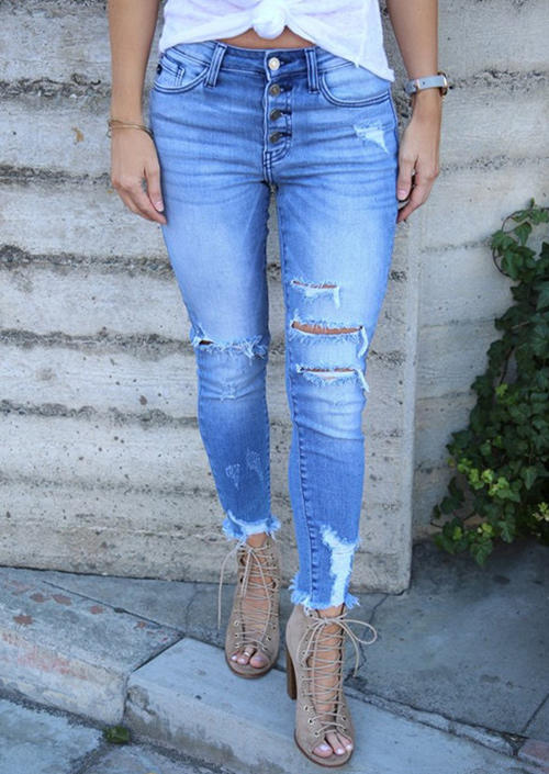 

Pants Ripped Hole Frayed Hem Distressed Denim Jeans in Light Blue. Size