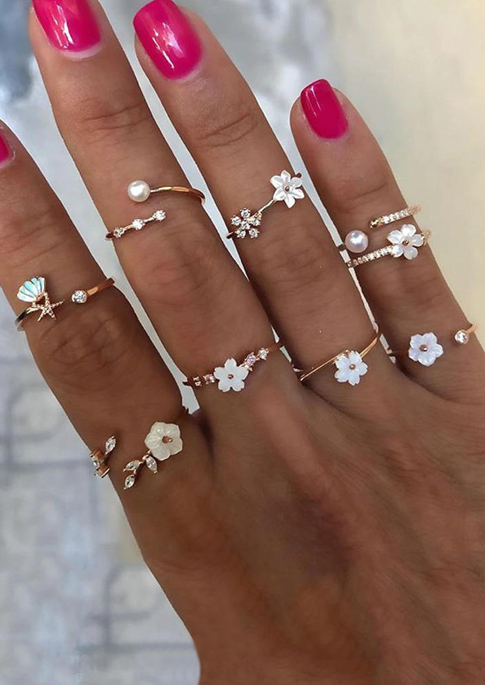 

Rings 9Pcs Floral Rhinestone Pearl Open Adjustable Alloy Ring Set in Gold. Size