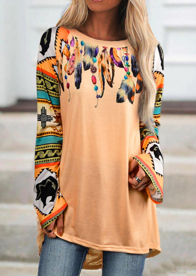 

Blouses Feather Aztec Geometric Long Sleeve Blouse in Orange. Size