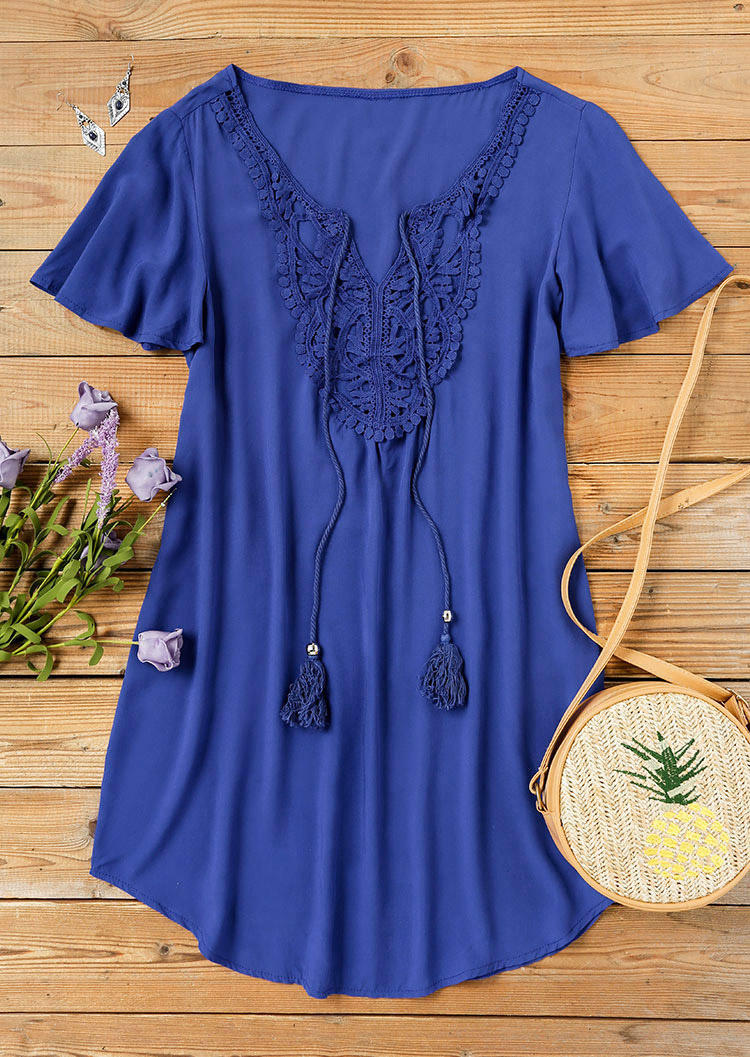 

Mini Dresses Hollow Out Lace Tassel Drawstring Mini Dress in Blue. Size