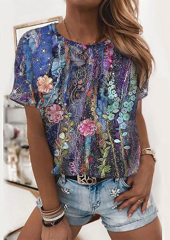 

Blouses Floral Star Short Sleeve O-Neck Blouse in Multicolor. Size: ,M,L,XL