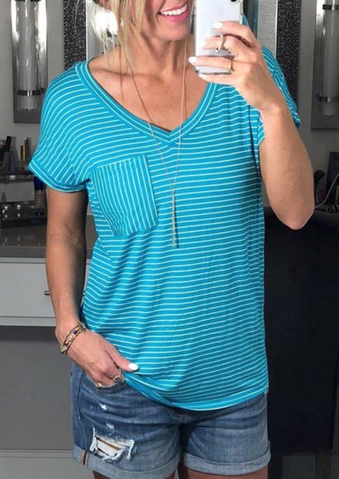 Blouses Striped Pocket V-Neck Casual Blouse in Blue. Size: L,M,S,XL