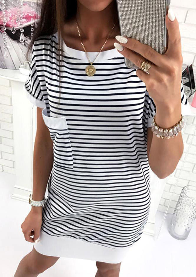 

Mini Dresses Striped Open Back Tie Pocket Short Sleeve Mini Dress in Stripe. Size