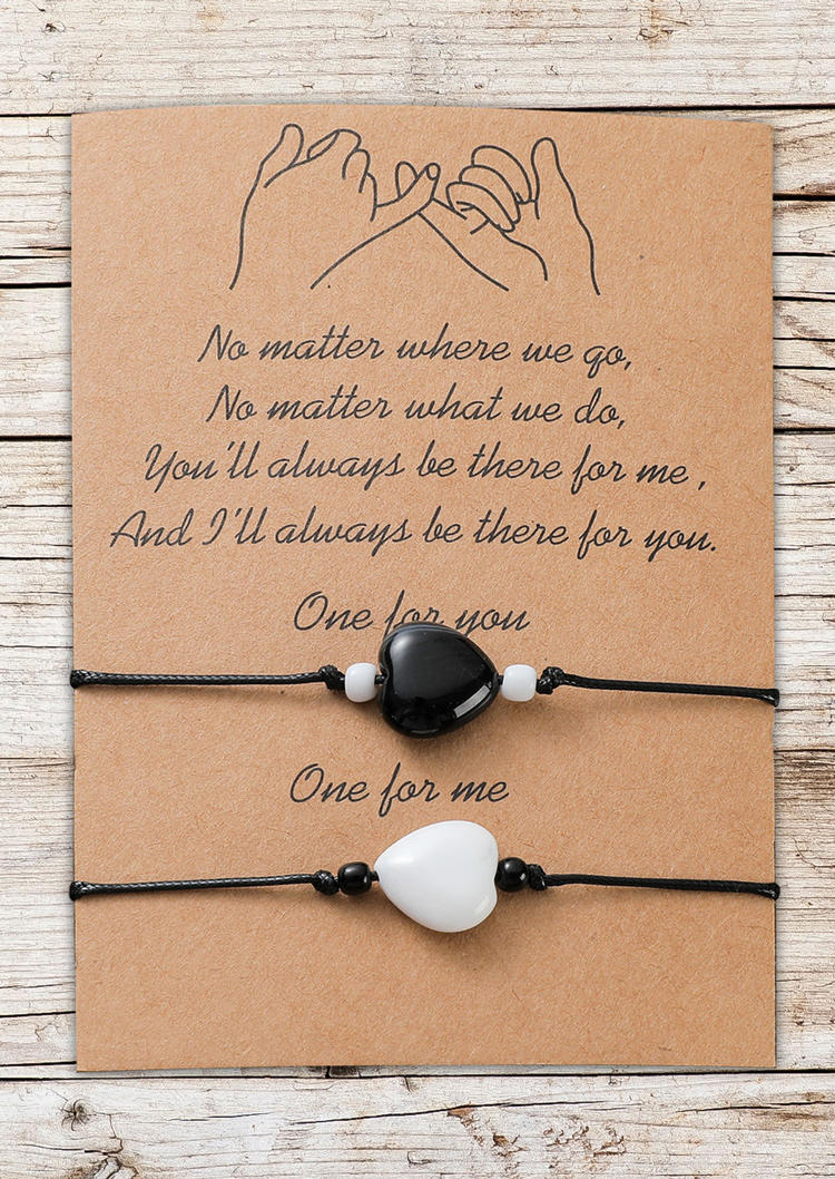 

Bracelet 2Pcs Natural Stone Heart Beading Rope Card Bracelet Set in Black. Size