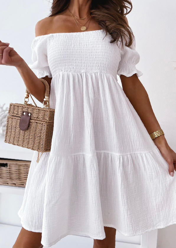 

Mini Dresses Ruffled Smocked Short Sleeve Mini Dress in White. Size
