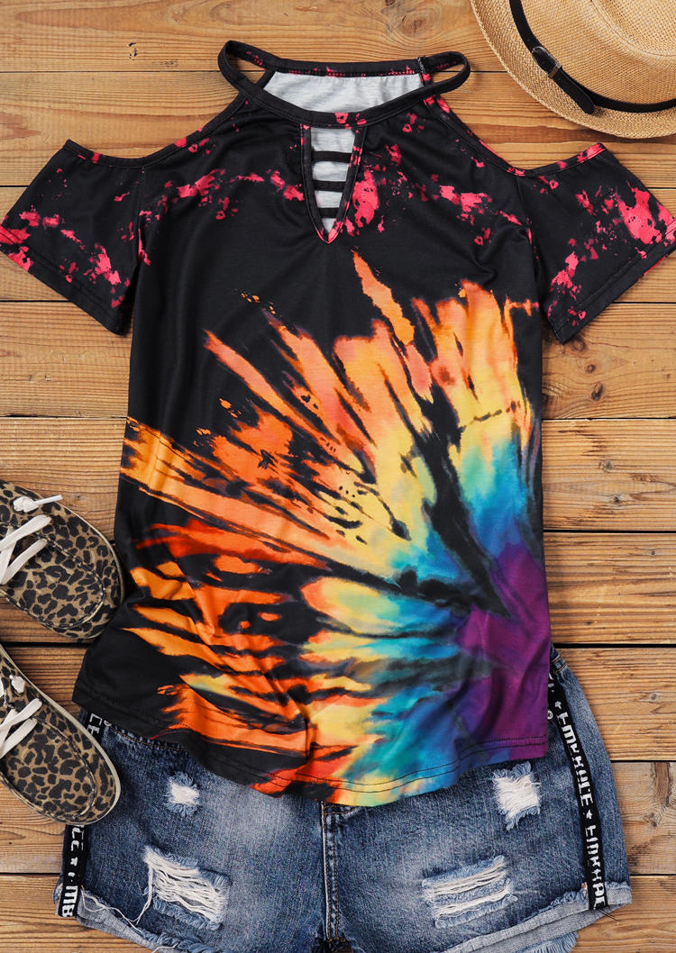 

Blouses Reverse Tie Dye Rainbow Cold Shoulder Keyhole Neck Blouse in Multicolor. Size