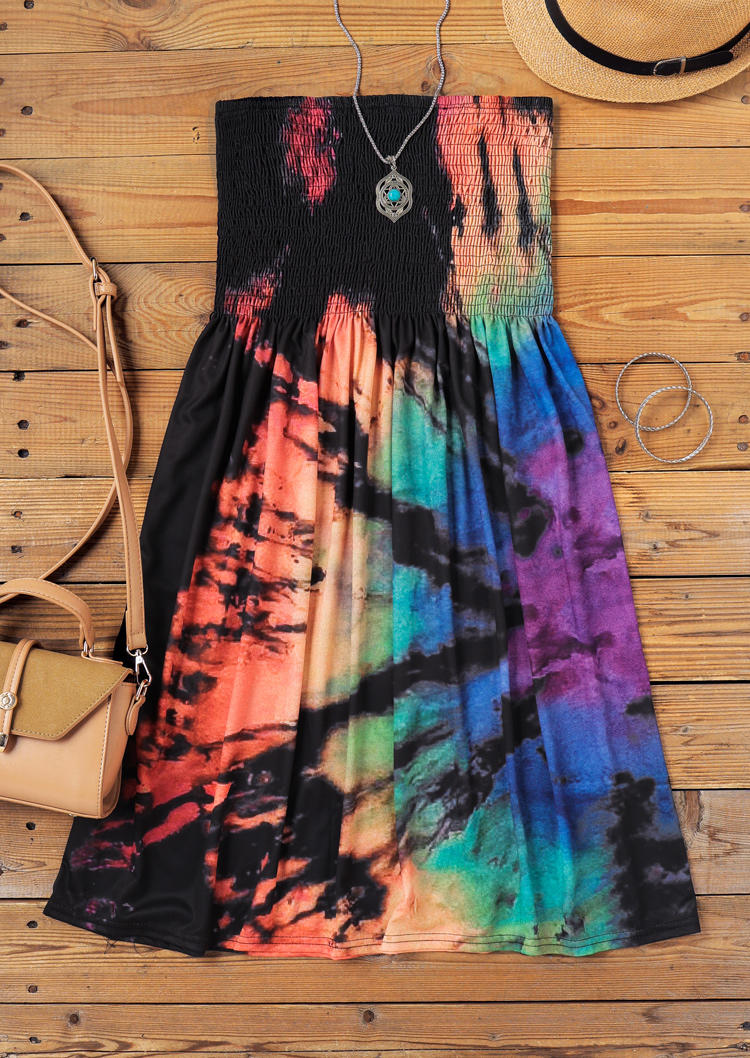 Reverse Tie Dye Rainbow Smocked Strapless Mini Dress