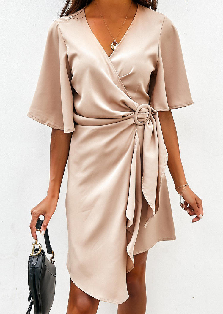 Irregular Wrap V-Neck Mini Dress - Apricot