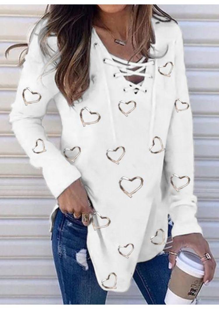 

Blouses Love Heart Lace Up Long Sleeve Blouse in White. Size: ,M,L,XL