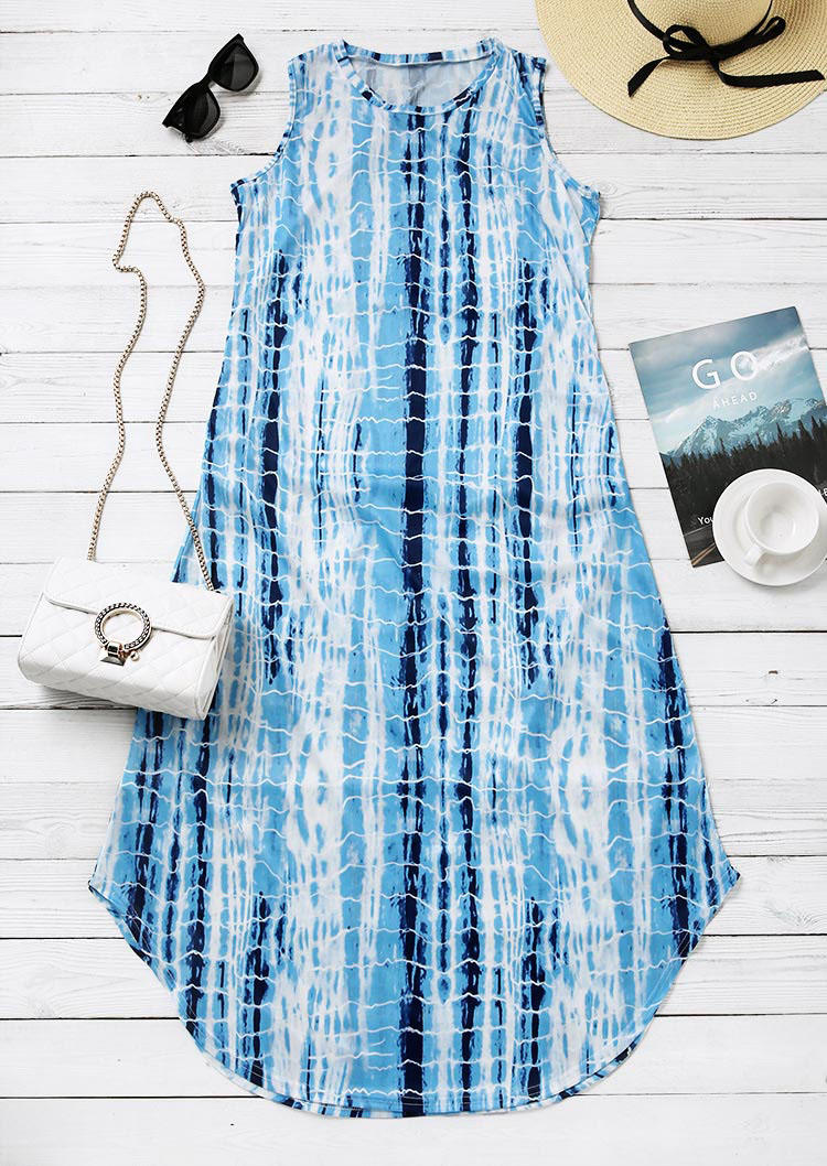 

Maxi Dresses Tie Dye Striped Pocket Sleeveless Maxi Dress in Blue. Size