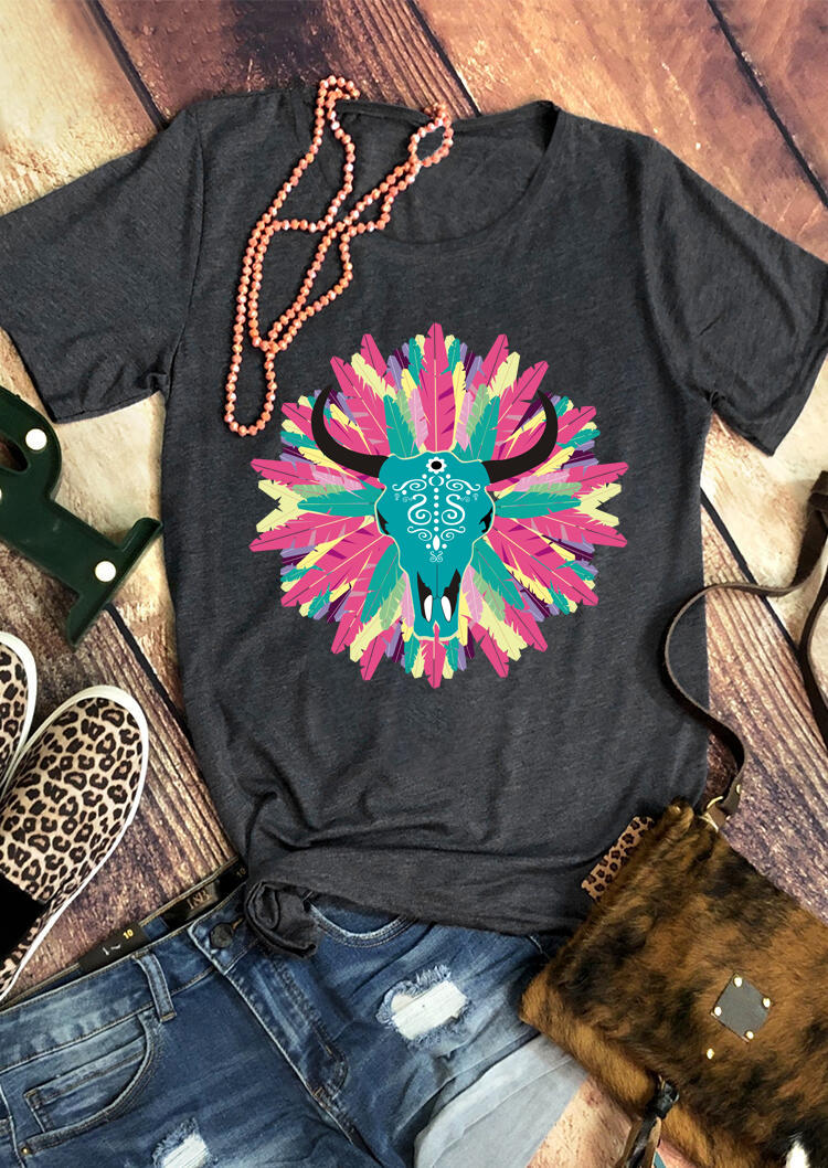 

T-shirts Tees Western Feather Steer Skull T-Shirt Tee in Dark Grey. Size: ,M,L