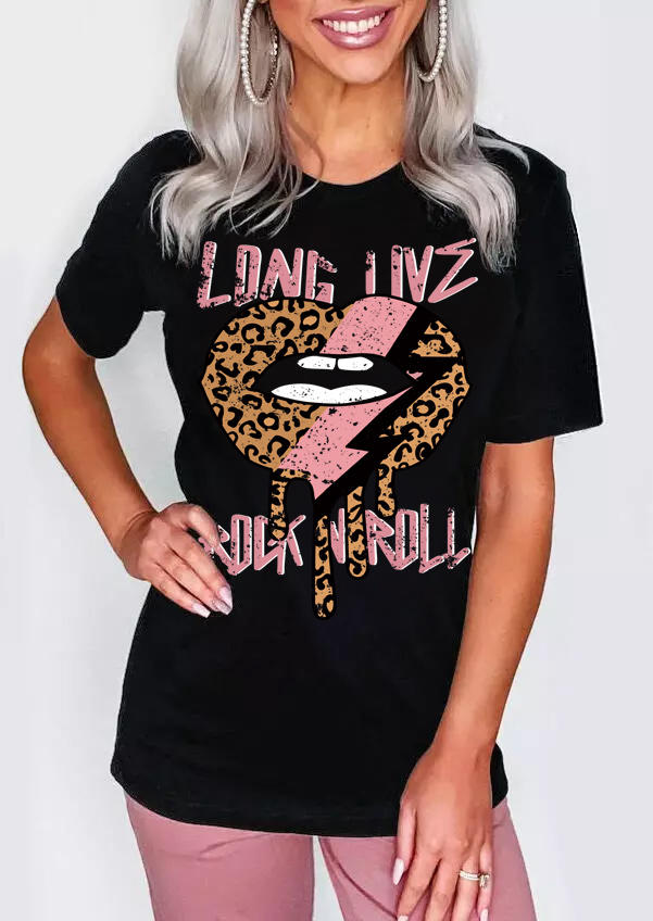

T-shirts Tees Long Live Rock N Roll Leopard Lip T-Shirt Tee in Black. Size