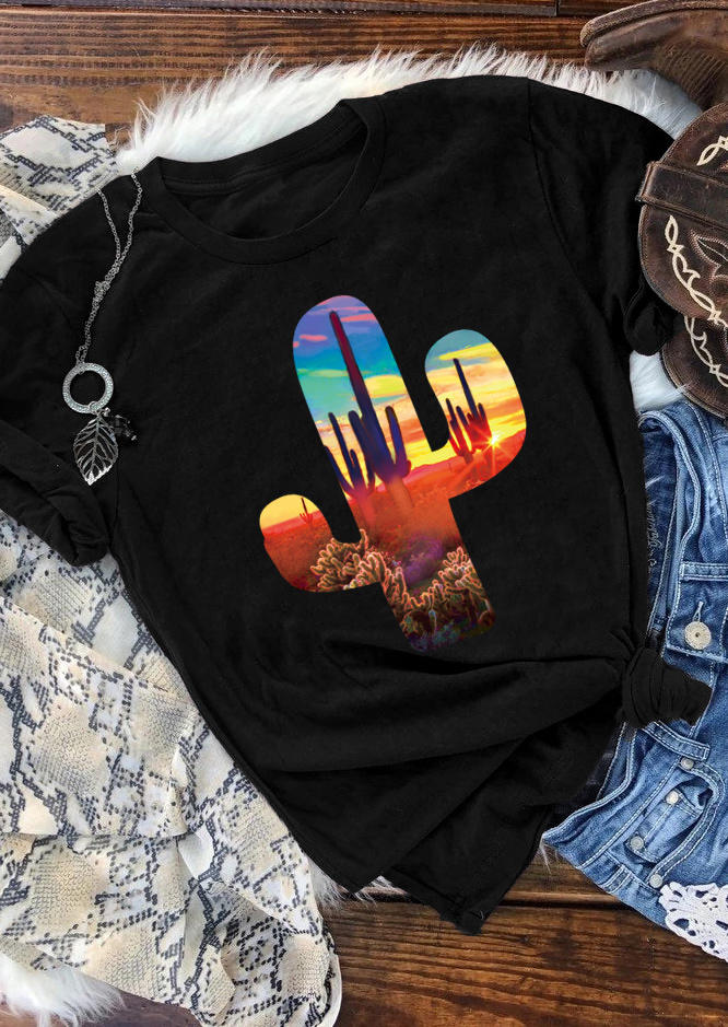 

T-shirts Tees Western Cactus Short Sleeve O-Neck T-Shirt Tee in Black. Size